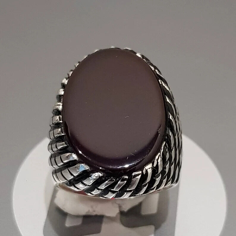 Real Yemeni Aqeeq Ring Kabadi Black Dark Deep Blood Red Aqeeq Ring Akik Ring men 925 Sterling Silver - Heavenly Gems