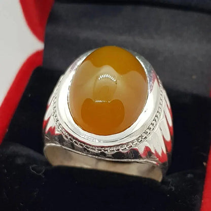 Zard aqeeq Oval Cut ring Yemeni Agate stone, Yellow aqeeq mens ring, Old Deep yellow ring 925 Sterling Silver - Heavenly Gems