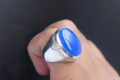 Rare Blue Aqeeq Ring Agate Akik Aqiq Flat Blue Agate Men Ring, Silver Handmade - Heavenly Gems