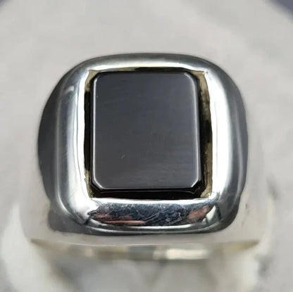 Mens Deep Black Shifat al Abad Yemeni Aqeeq Ring Kabadi Black Aqeeq agate 925 Sterling Silver - Heavenly Gems