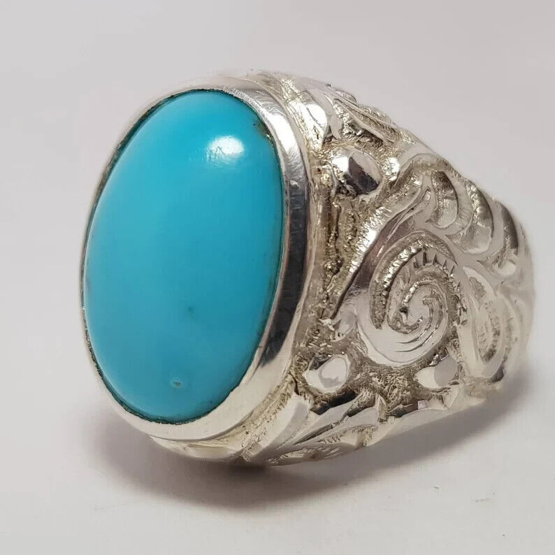 Beautiful Turquoise ring Engraved Feroza ring Mens Big Turquoise ring Mens Gift - Heavenly Gems