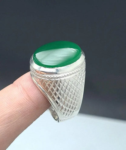 Rare Unheated Green Yemeni aqeeq ring for men Natural Yamani hakik rings Real Sterling Silver 925 - Heavenly Gems