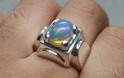 3 Carat Natural Ethiopian Fire Opal Ring 925 Sterling Silver Handmade Mens Ring - Heavenly Gems