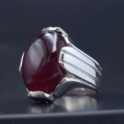 Mens Yemeni Aqeeq Oval Cut Ring Deep Blood Red Yamni Agate Ring For Men Sterling Silver 925 - Heavenly Gems