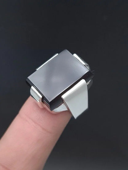 Mens Black Aqeeq Ring natural Agate Ring for Men Shifat Al Abad Yemeni Aqeeq Rectangular Cut Ring mens - Heavenly Gems