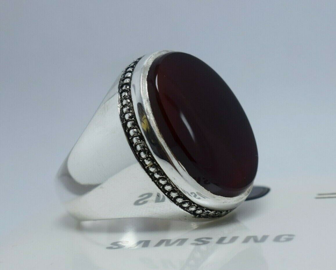 Natural Blood Red Aqeeq Bague Silver Rings Handmade Jewewllery Ring Mens Ring - Heavenly Gems