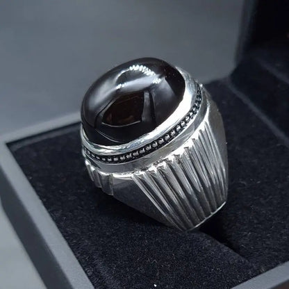 Yemeni Aqeeq Ring Shefat Al Abad Al Habshi Black Aqeeq Yemeni Kabadi Aqeeq Agate Sterling Silver 925 (Premium Quality) - Heavenly Gems