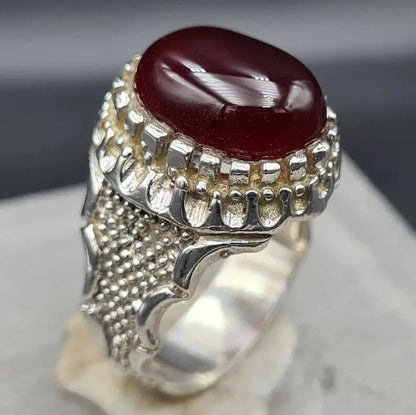 Mens rare blood yemeni aqeeq ring real genuine Yamni agate stone man Haqeeq ring Premium 925 Sterling Silver - Heavenly Gems