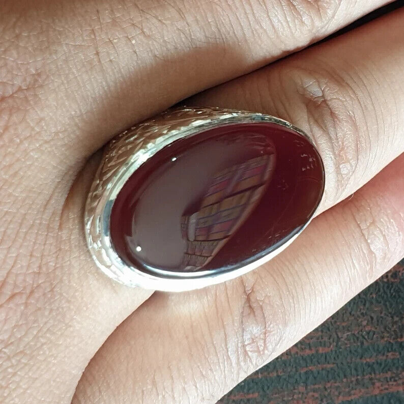 Mens Yemeni Aqeeq Ring Deep Blood Red Yamni Agate Ring For Men 925 Sterling Silver - Heavenly Gems