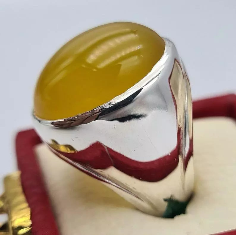 Aqeeq ring yemeni yamni yemen hakik yellow agate jewelry gift for him men rings - Heavenly Gems