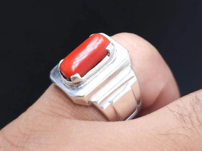 Natural Coral Ring Deep Red Coral Mens Heavy Ring Sterling Silver 925 Marjan - Heavenly Gems
