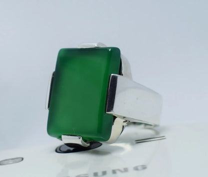 Natural Dark Green Yemeni Aqeeq Ring Agate 925 Sterling Silver Ring Shia Rings - Heavenly Gems