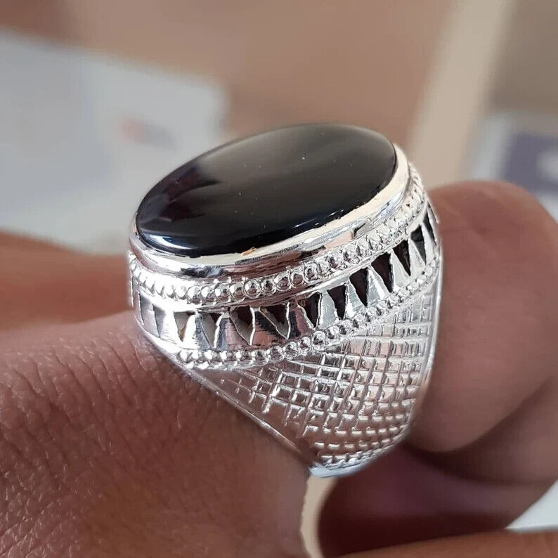 Big Kabadi Black Aqeeq Oval Cut Ring Yemeni Aqeeq Ring for Men Mens Yameni Aqeeq gift men - Heavenly Gems