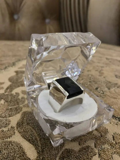 Original Black Aqeeq Akik Haqeeq Stone ring In Emerald Cut Square Design ring - Heavenly Gems