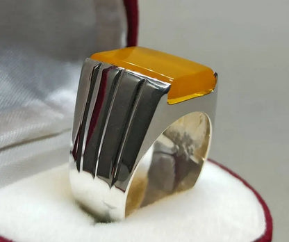 Natural Yemeni Zard Aqeeq Mens Ring Sterling Silver 925 Yellow Agate Ring Yemen - Heavenly Gems