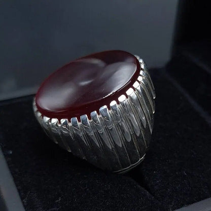 Yemeni Aqeeq Ring Yameni Oval Cut Deep Red Aqeeq Ring Agate Ring Big Black red Aqeeq Agate Ring Sterling Silver 925 (Premium Quality) - Heavenly Gems