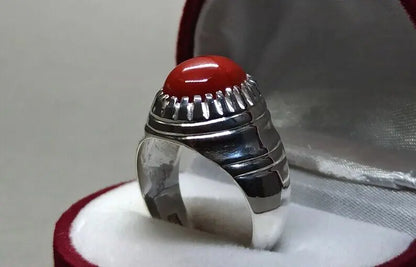 Natural Deep Red Australian Coral Mens Ring Sterling Silver 925 Dark Red ring - Heavenly Gems