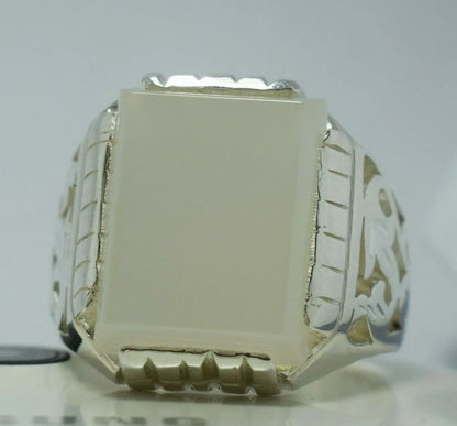 Yemeni Aqeeq Ring Deep White Agate Bague Mens Sterling Silver Handmade Rings925 - Heavenly Gems