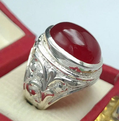 Mens Deep Blood Red Shifat al Abad Yemeni Aqeeq Ring Aqeeq agate Ring Akik Ring 925 Sterling Silver - Heavenly Gems