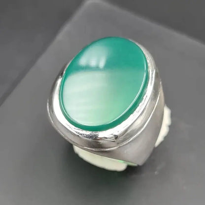 Unheated Green Yemeni aqeeq ring for men - Natural Yamani hakik rings Real agate Sterling Silver 925 - Heavenly Gems
