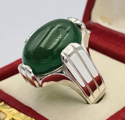 Green Yemeni Aqeeq Yamni Yemen Yamani Agate Akik Aqiq Hakik Ring Handmade Silver - Heavenly Gems