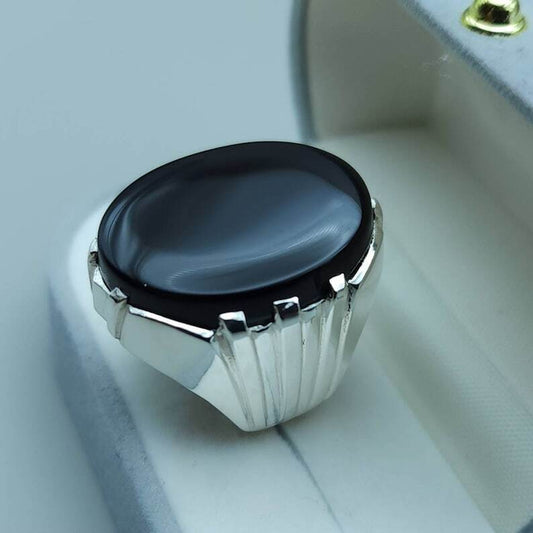 Yemeni Aqeeq Ring Yameni Aqeeq Ring Agate Ring Big Black Kabadi Aqeeq Agate gift Sterling Silver 925 - Heavenly Gems