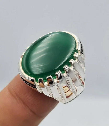 Green yemeni aqeeq ring yamani hakik agate bague christmas gift for him jewelrySterling Silver 925 - Heavenly Gems