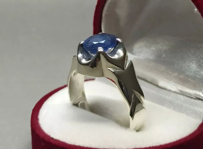 Blue Sapphire Men's Ring - Sterling Silver 925 Ring with Clean Luster - Heavenly Gems