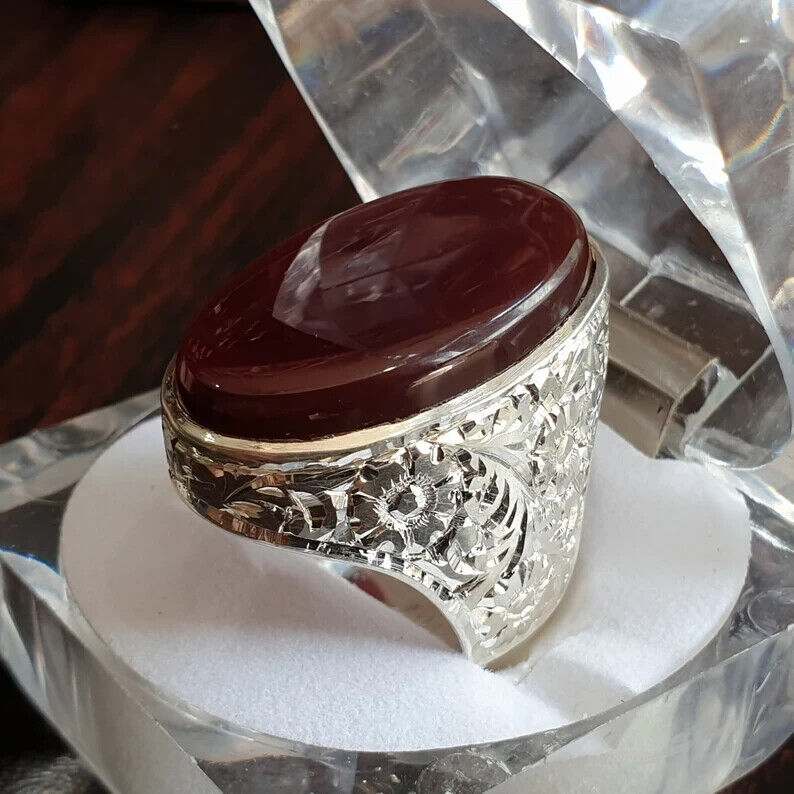 Mens Yemeni Aqeeq Ring Deep Blood Red Yamni Agate Ring For Men 925 Sterling Silver - Heavenly Gems