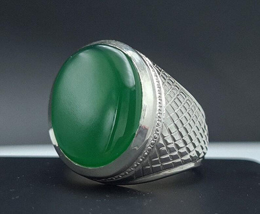 Rare Unheated Green Yemeni aqeeq ring for men Natural Yamani hakik rings Real Sterling Silver 925 - Heavenly Gems