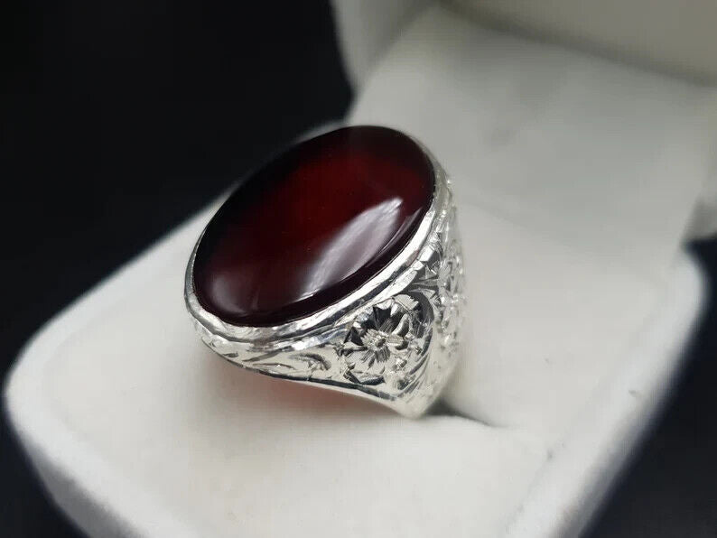 Mens Aqeeq Ring Agate Oval Cut Ring for Men Shifat Al Abad Yemeni Aqeeq Ring For Men 925 - Heavenly Gems