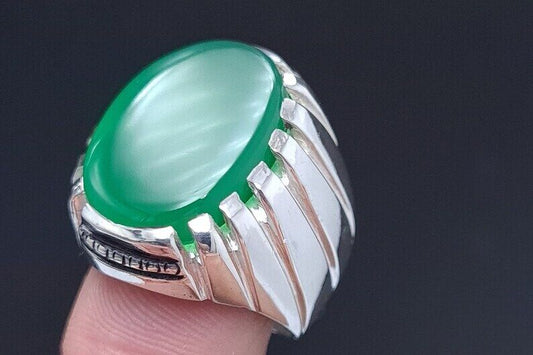 Rare Unheated Green Yemeni aqeeq ring for men Natural Yamani hakik rings gift Sterling Silver 925 - Heavenly Gems