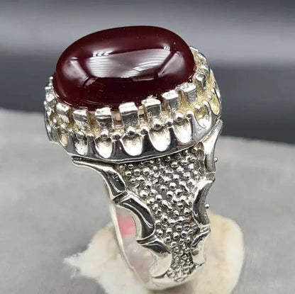 Mens rare blood yemeni aqeeq ring real genuine Yamni agate stone man Haqeeq ring Premium 925 Sterling Silver - Heavenly Gems