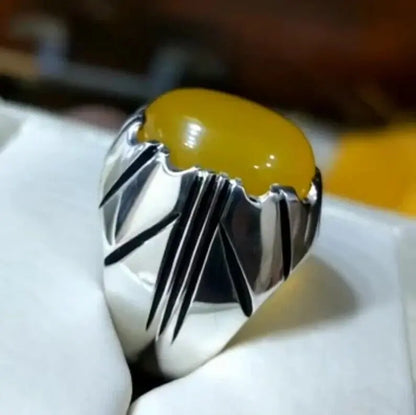 Yemeni Aqeeq Rings Natural Zard Aqeeq Ring Carnelian Yellow Agate Silver 925 men - Heavenly Gems