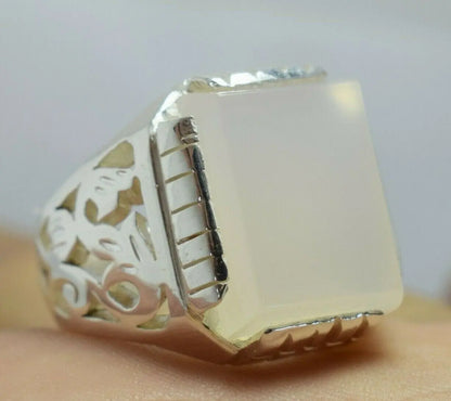 Yemeni Aqeeq Ring Deep White Agate Bague Mens Sterling Silver Handmade Rings925 - Heavenly Gems