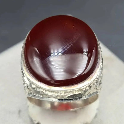 Yemeni Aqeeq Ring Shefat Al Abad Blood Red Yamni Aqeeq Yemeni Stone for Big hand - Heavenly Gems