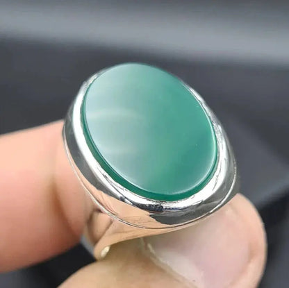 Unheated Green Yemeni aqeeq ring for men - Natural Yamani hakik rings Real agate Sterling Silver 925 - Heavenly Gems