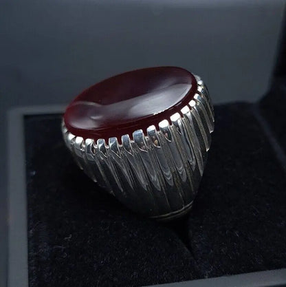 Yemeni Aqeeq Ring Yameni Oval Cut Deep Red Aqeeq Ring Agate Ring Big Black red Aqeeq Agate Ring Sterling Silver 925 (Premium Quality) - Heavenly Gems