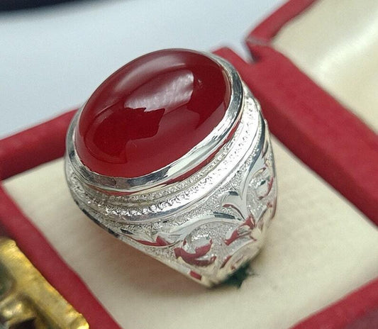 Mens Deep Blood Red Shifat al Abad Yemeni Aqeeq Ring Aqeeq agate Ring Akik Ring 925 Sterling Silver - Heavenly Gems