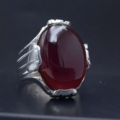 Mens Yemeni Aqeeq Oval Cut Ring Deep Blood Red Yamni Agate Ring For Men Sterling Silver 925 - Heavenly Gems