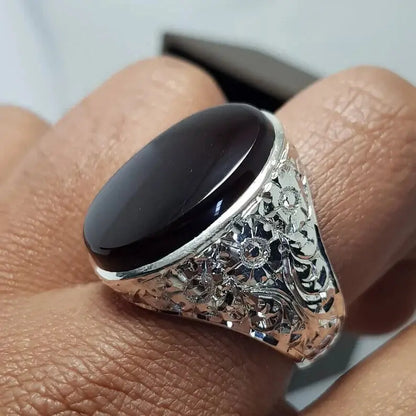 Yemeni Aqeeq Ring Shefat Al Abad Al Habshi Black Aqeeq Yemeni Kabadi Aqeeq Agate 925 Sterling Silver - Heavenly Gems