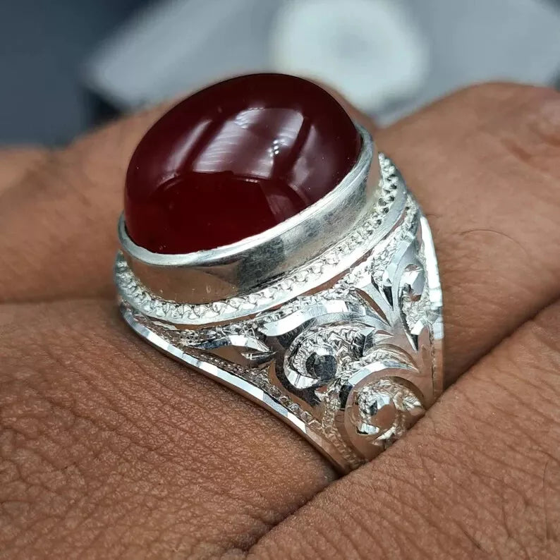 Men's Natural Red Yemeni Agate Stone Ring - Hand-Engraved Artisan Design - Heavenly Gems