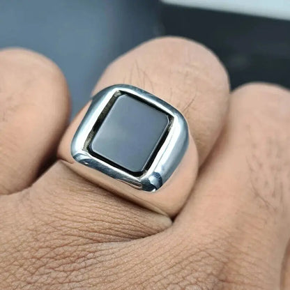 Mens Deep Black Shifat al Abad Yemeni Aqeeq Ring Kabadi Black Aqeeq agate 925 Sterling Silver - Heavenly Gems