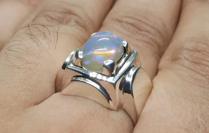 3 Carat Natural Ethiopian Fire Opal Ring 925 Sterling Silver Handmade Mens Ring - Heavenly Gems