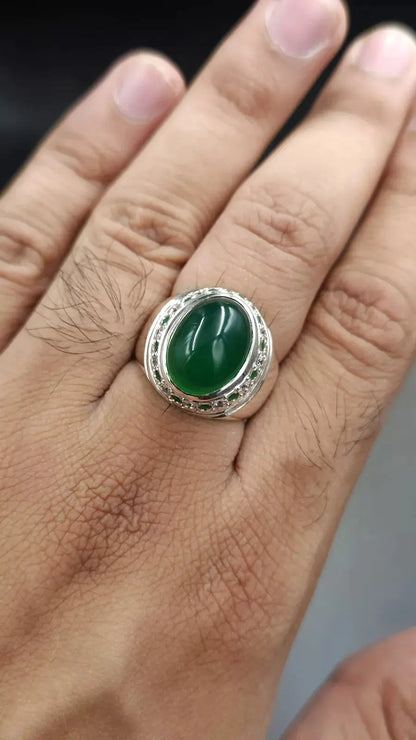 Natural Green Yemeni Aqeeq Ring - Sterling Silver Mens Agate Shia Ring - Heavenly Gems