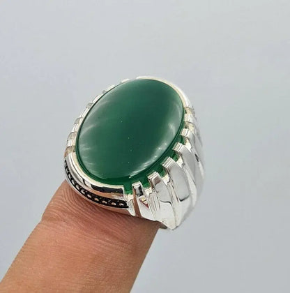 Green yemeni aqeeq ring yamani hakik agate bague christmas gift for him jewelrySterling Silver 925 - Heavenly Gems