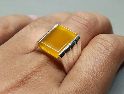 Natural Yemeni Zard Aqeeq Mens Ring Sterling Silver 925 Yellow Agate Ring Yemen - Heavenly Gems