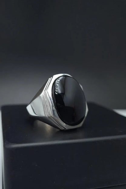 Mens Black Oval Cut Aqeeq Ring natural Agate Ring for Men Shifat Al Abad Yemeni Aqeeq 925 Sterling Silver Ring gift - Heavenly Gems
