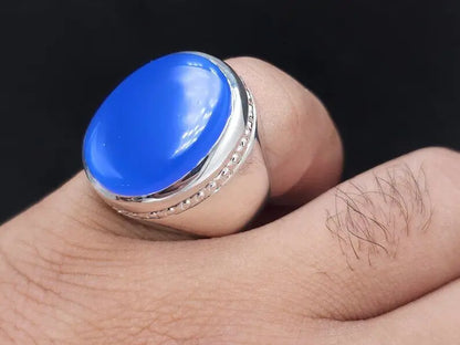 Rare Blue Aqeeq Ring Agate Akik Aqiq Flat Blue Agate Men Ring, Silver Handmade - Heavenly Gems