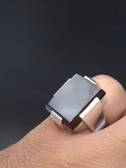 Mens Black Aqeeq Ring natural Agate Ring for Men Shifat Al Abad Yemeni Aqeeq Rectangular Cut Ring mens - Heavenly Gems